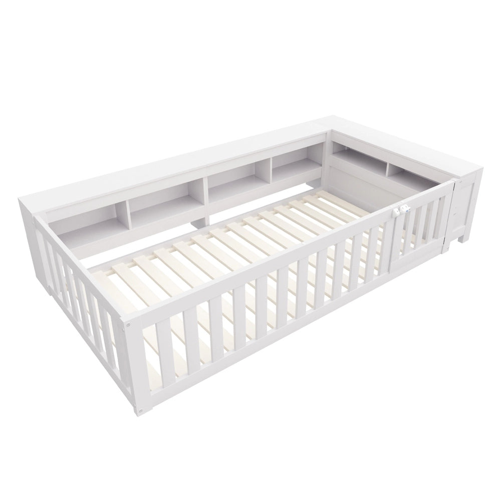 Letto bambino-Xylo-90x200 cm-barriera, scomparti, pino, bianco