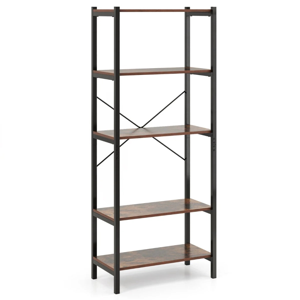 Libreria a 5 ripiani 66 x 34 x 161 cm ampio spazio di archiviazione sicurezza rinforzata design rustico in legno e metallo nero 20_0010731
