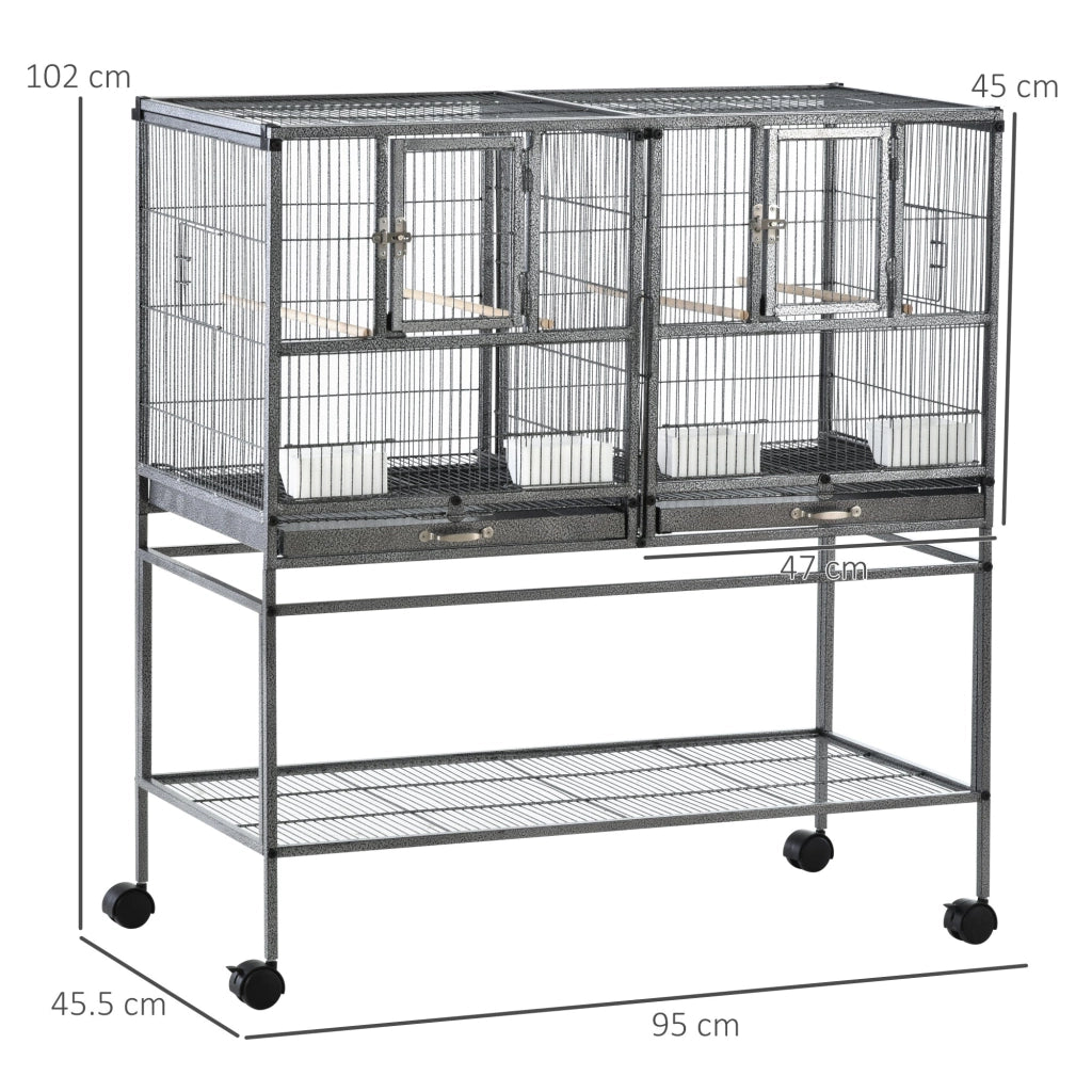 Voliera Doppia Gabbia per Uccelli 95x45,5x102 cm in Metallo con Ruote Grigia
