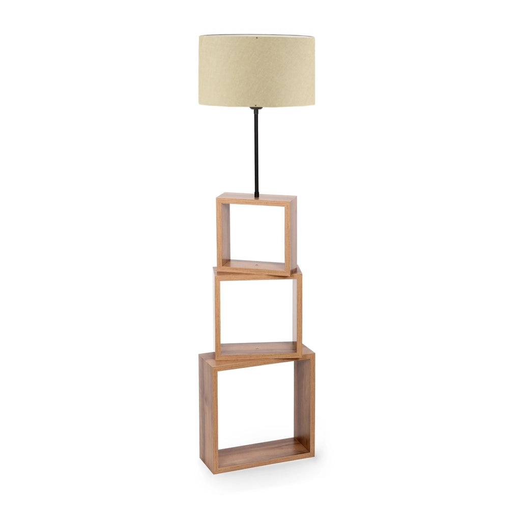 Lampada da Terra 'Mansfield' Piantana con Base a 3 Scomparti Forma di Cubo e Paralume Cilindrico in Tessuto - color Crema - lux.pro