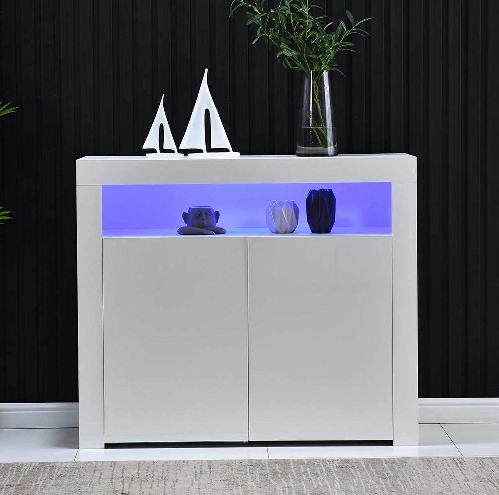 Credenza ULEVR 108x40x92 cm bianca con 2 ante, vani aperti, LED multicolore e porta USB