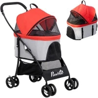 Passeggino per Cani Pieghevole con Trasportino Rimovibile e Tettuccio, 82x49.5x98cm, Rosso