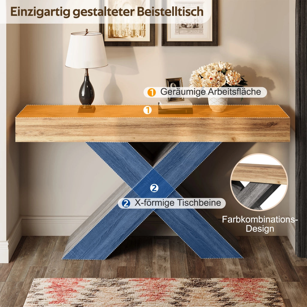 Consolle con struttura a X in pannello truciolare effetto legno naturale per ingresso e soggiorno 140 × 30 × 80 cm