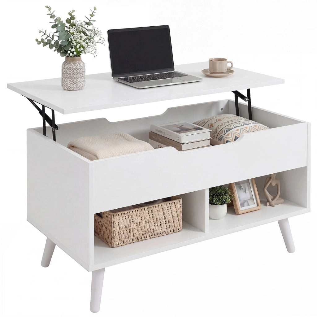 Tavolino da Caff¨¨ con Piano Sollevabile e Spazio Nascosto, 75 cm Bianco Punzonato