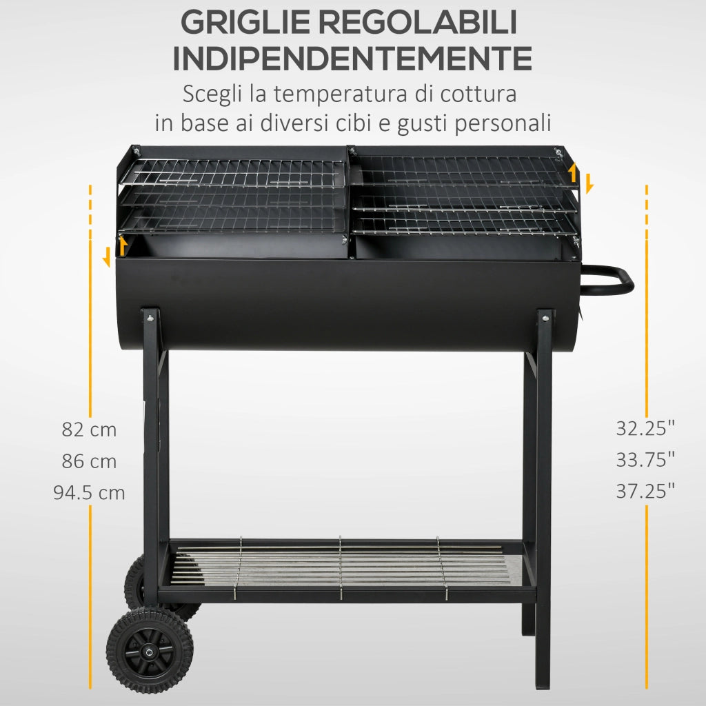 Easycomfort Barbecue in Acciaio con 2 Griglie Indipendenti, 2 Ruote e Ripiano Inferiore | Nero | 90cm x 45cm x 96cm