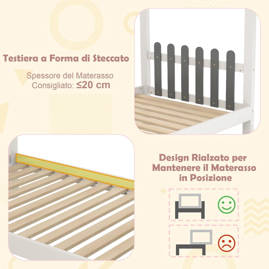 Letto Matrimoniale/Singolo con Scrivania, Letto Piattaforma in Legno con Testiera a Staccionata Ganci e Cassetti, 200x140/200x90 cm, Carico 320/150kg (200x90 cm)