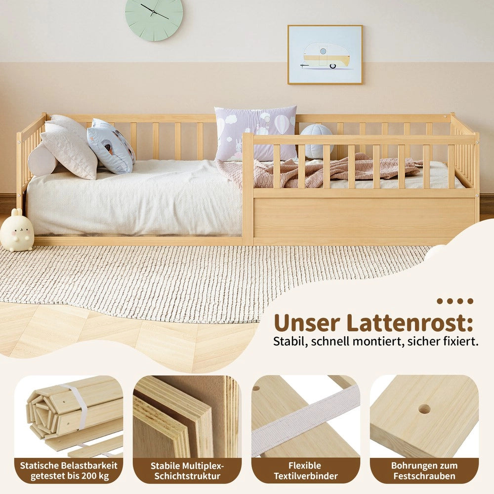 Letto Montessori Singolo in Legno di Pino ¨C MINIMAL ¨C 90x200, con Rete a Doghe e Sponda