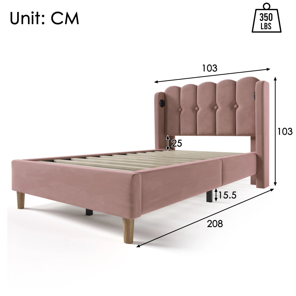 Letto Singolo Imbottito Rosa 90x200 cm con Funzione di Ricarica USB Tipo C e Rete a Doghe