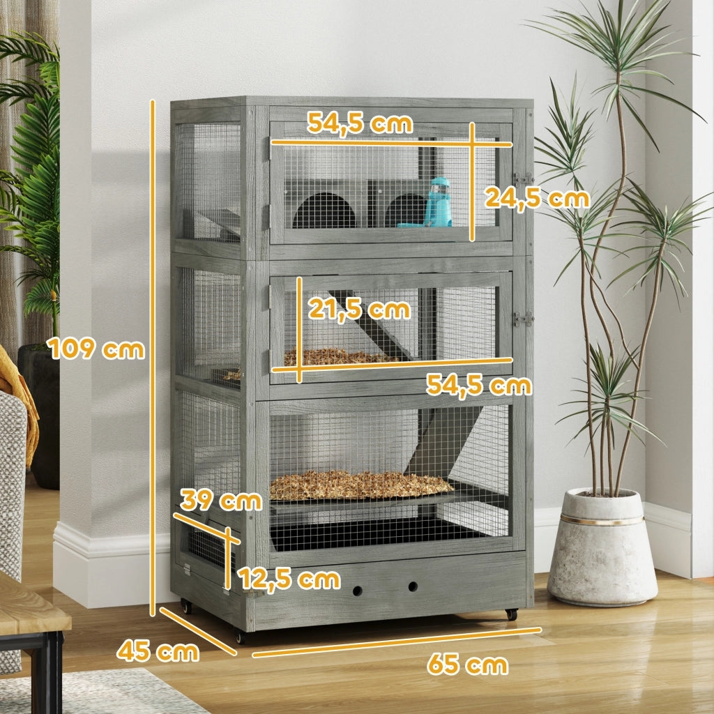Scaffale per piccoli animali a quattro livelli con porte multiple, due casette, due altalene, rampe e ruote in legno grigio 65 × 45 × 109 cm
