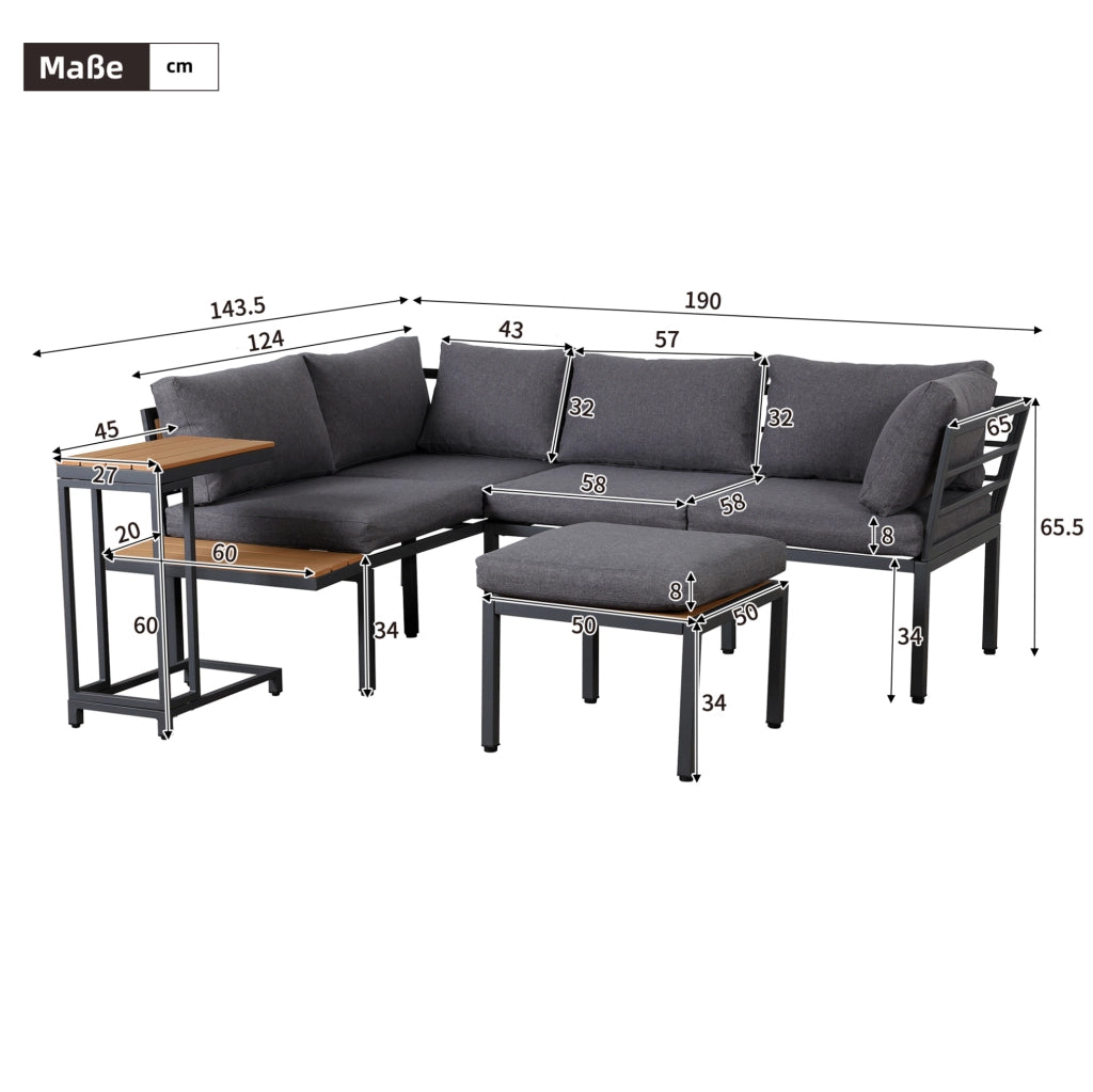 Set mobili da giardino con divano angolare; tavolino laterale e tavolino trasformabile in pouf; grigio e nero