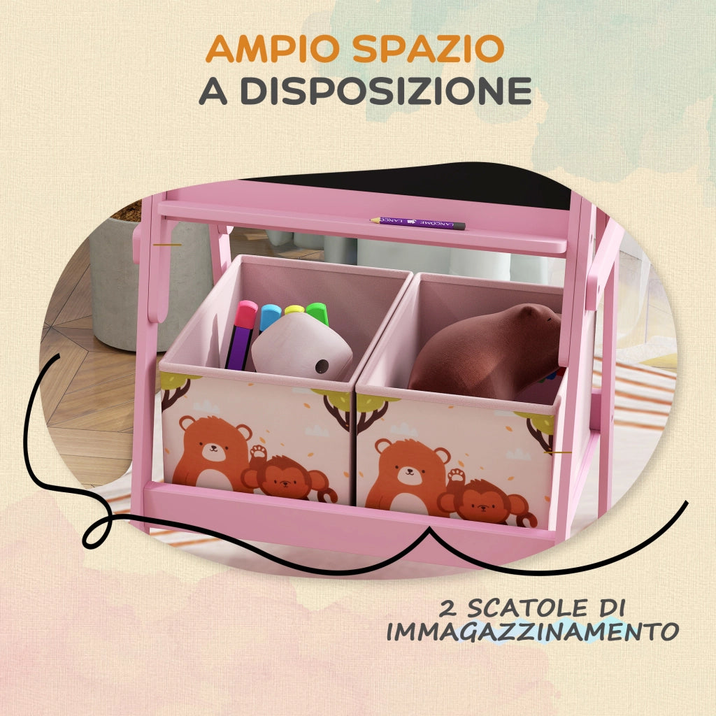 Cavalletto per Bambini con Lavagna e Cestini ¨C Zephmum ¨C Legno Rosa 53.5x49x113 cm