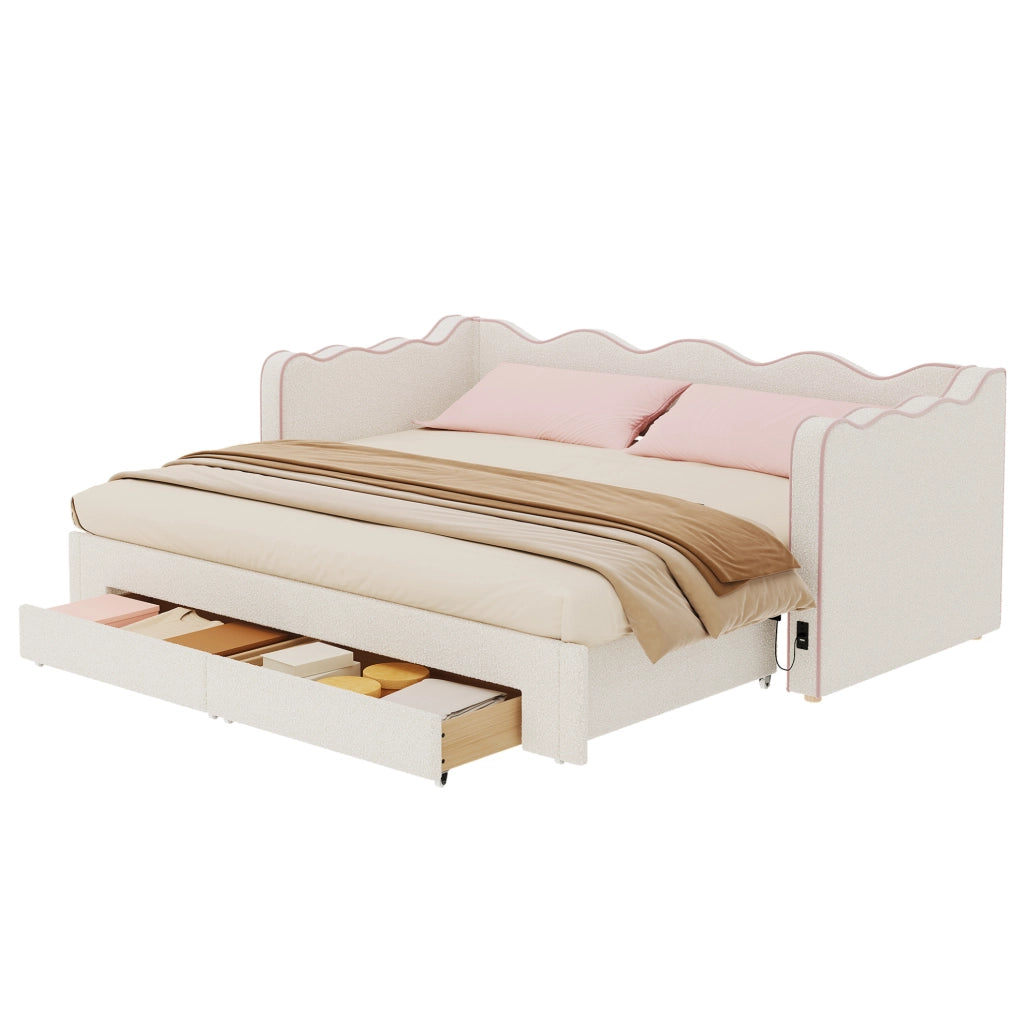 Letto daybed estraibile 90x200 cm con rete; 2 cassetti e porte USB; boucl茅 beige