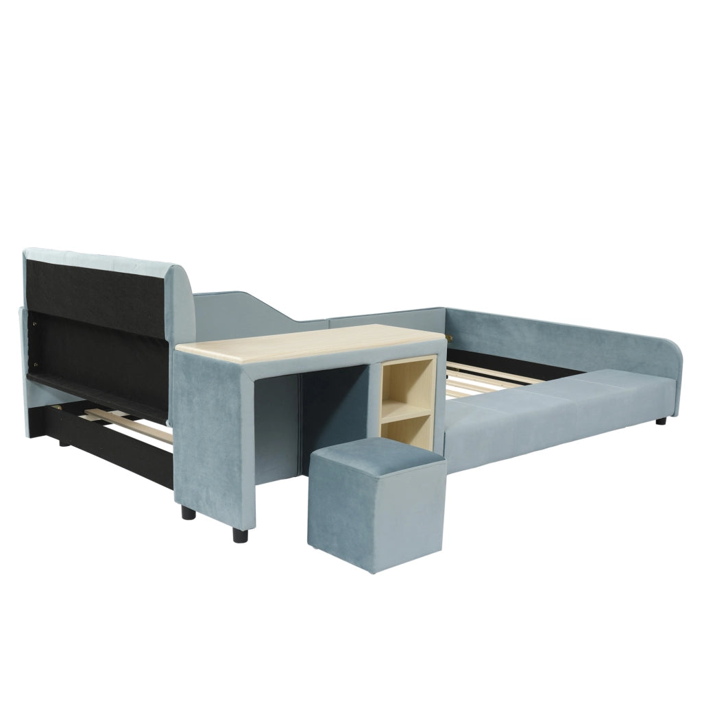 Letto singolo imbottito ULEVR 90x200 cm con scrivania laterale, sgabello e vano contenitore, velluto blu