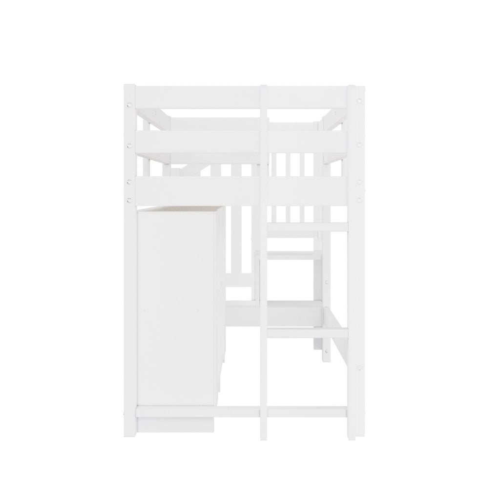Letto a soppalco 90x200 cm con scala contenitore e LED in legno bianco