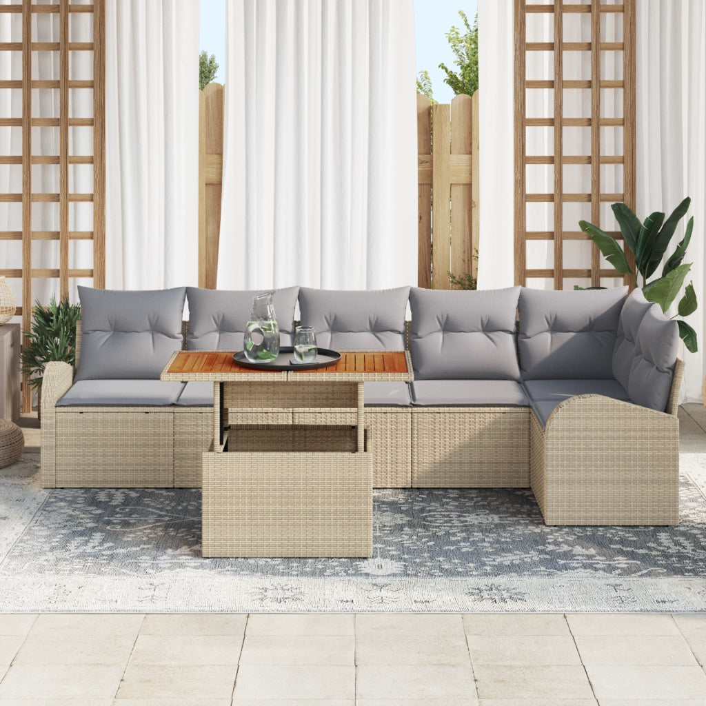 Set da Pranzo da Giardino 7 Pezzi con Cuscini Beige Rattan Polietilene Acacia