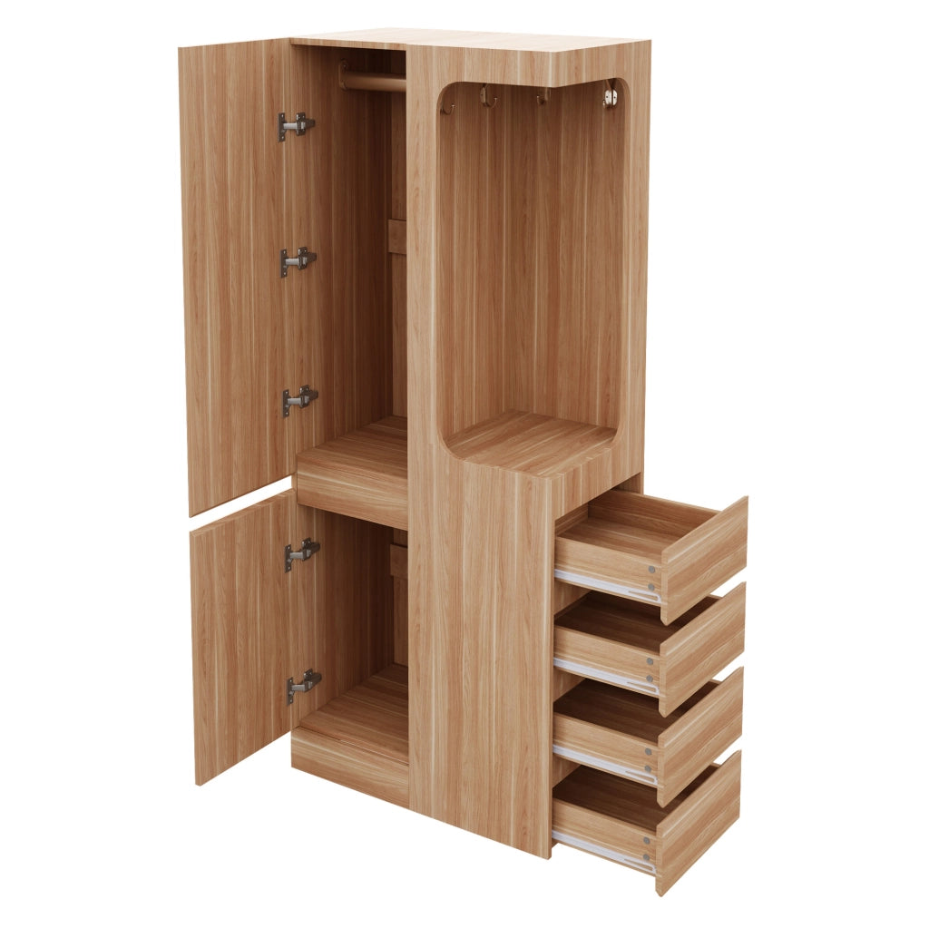 Armadio a 1 anta 70 x 40 x 170 cm con 4 cassetti e vano appendiabiti; colore legno naturale