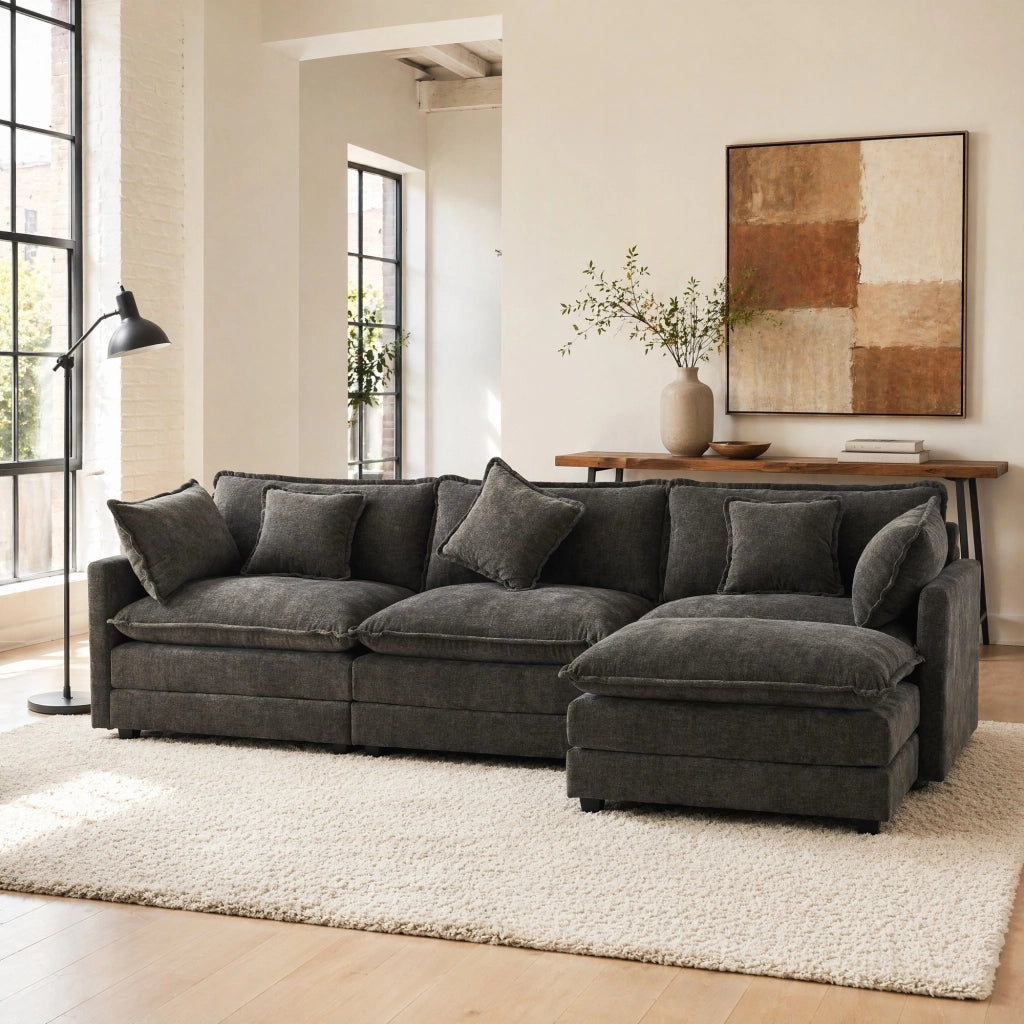 DIVANO Angolare L 283x147x84 cm in Chenille Grigio scuro con pouf mobile