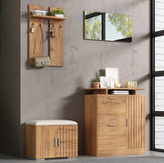 Set ingresso con scarpiera; panca; specchio e ganci; 140x35x133 cm; effetto legno naturale