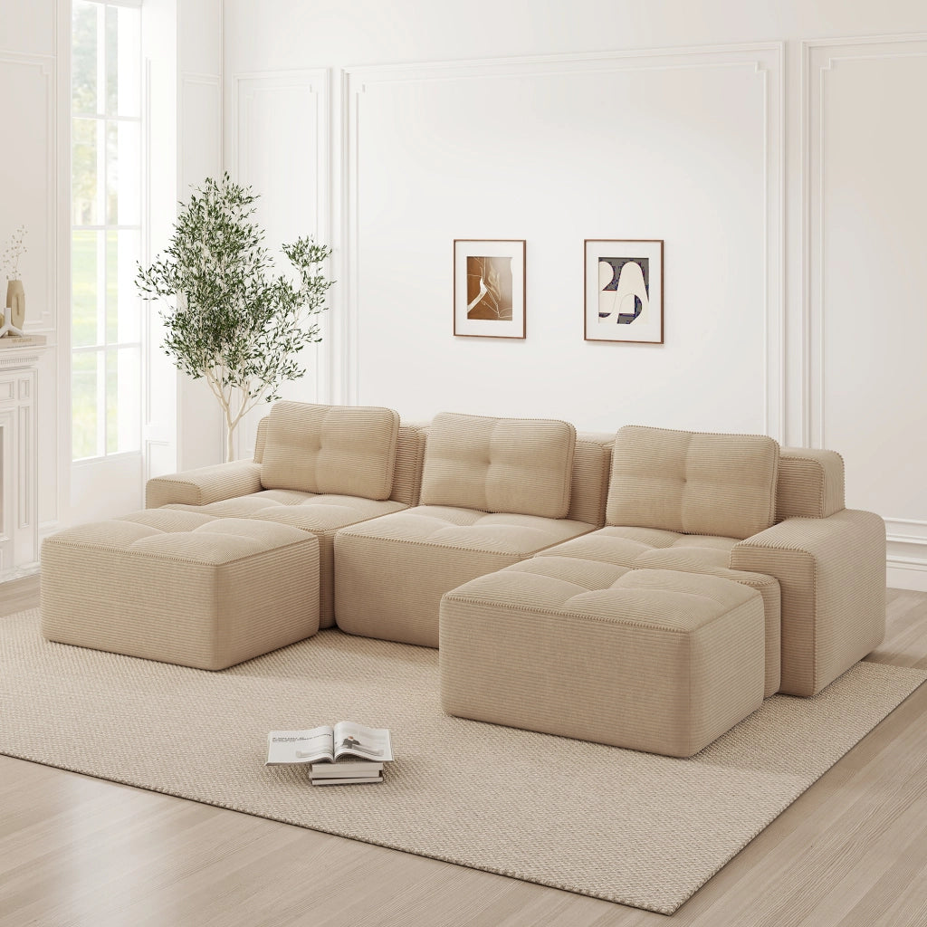 Divano modulare senza armatura; seduta profonda; tessuto a coste; beige