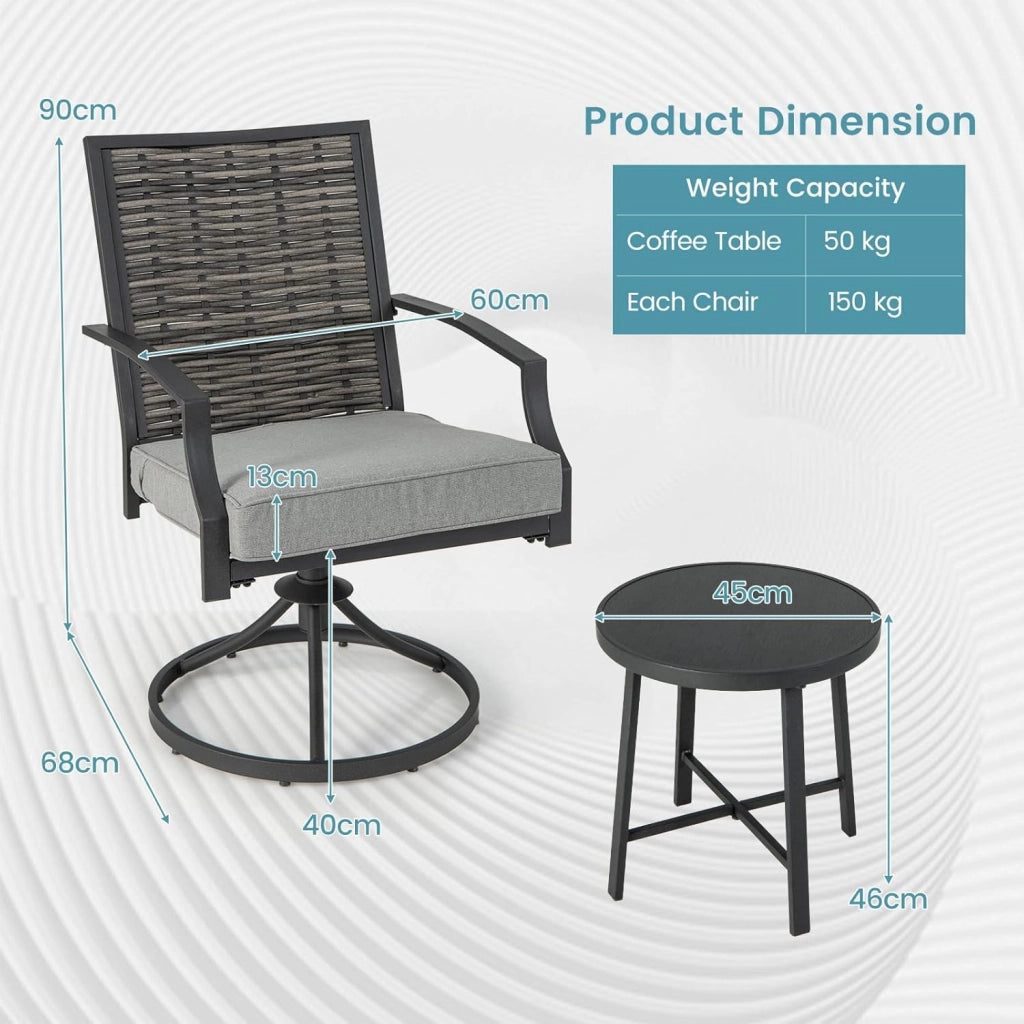 Set da giardino, 3 pezzi, in vimini, per 2 persone, per soggiorno, giardino, con 2 sedie girevoli, 2 cuscini spessi, tavolino, telaio in metallo, set da bistrot per terrazza, giardino, balcone