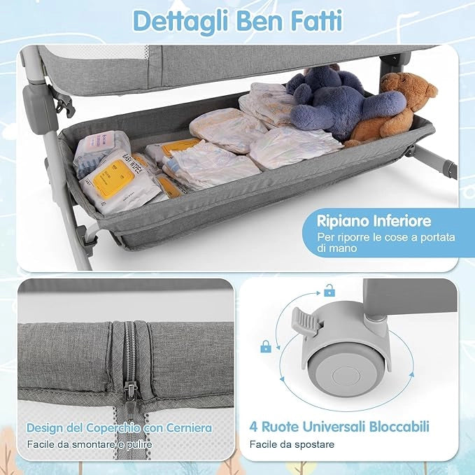 Culla da Affiancare per Neonati, Culla per Bambini con Altezza Regolabile a 6 Livelli, con Mensola Portaoggetti, Materasso e Borsa da Trasporto, per Bambini 0-6 Mesi (Grigio Chiaro)