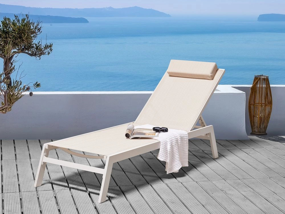 Lettino prendisole beige cuscino poggiatesta struttura in alluminio bianco reclinabile giardino esterno