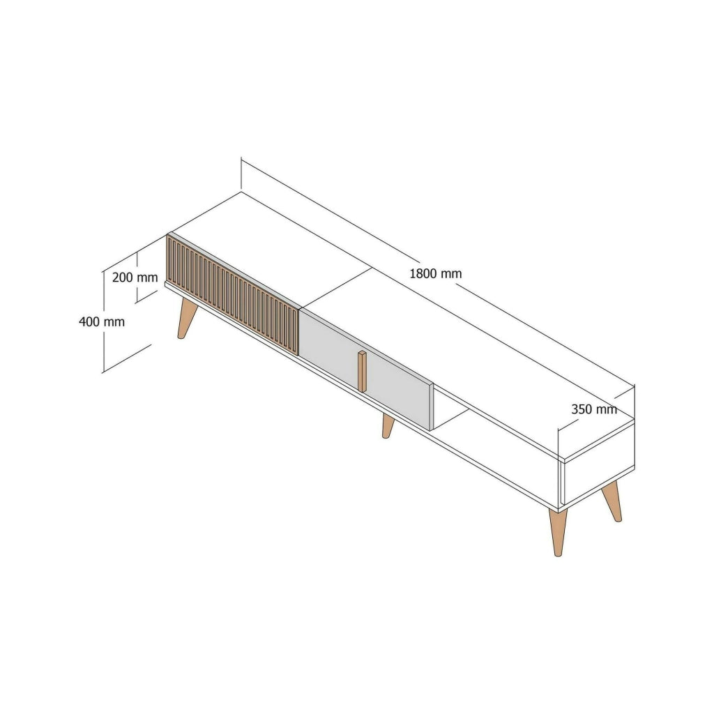 Mobile porta TV Jakuchu, Credenza da soggiorno, Armadio basso per TV, Base parete attrezzata, 180x35h40 cm, Noce e Bianco