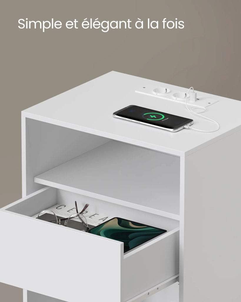 Comodino da montare senza attrezzi set da 2 tavolino con multipresa e cassetto moderno per camera da letto o soggiorno bianco opaco 12_0007593