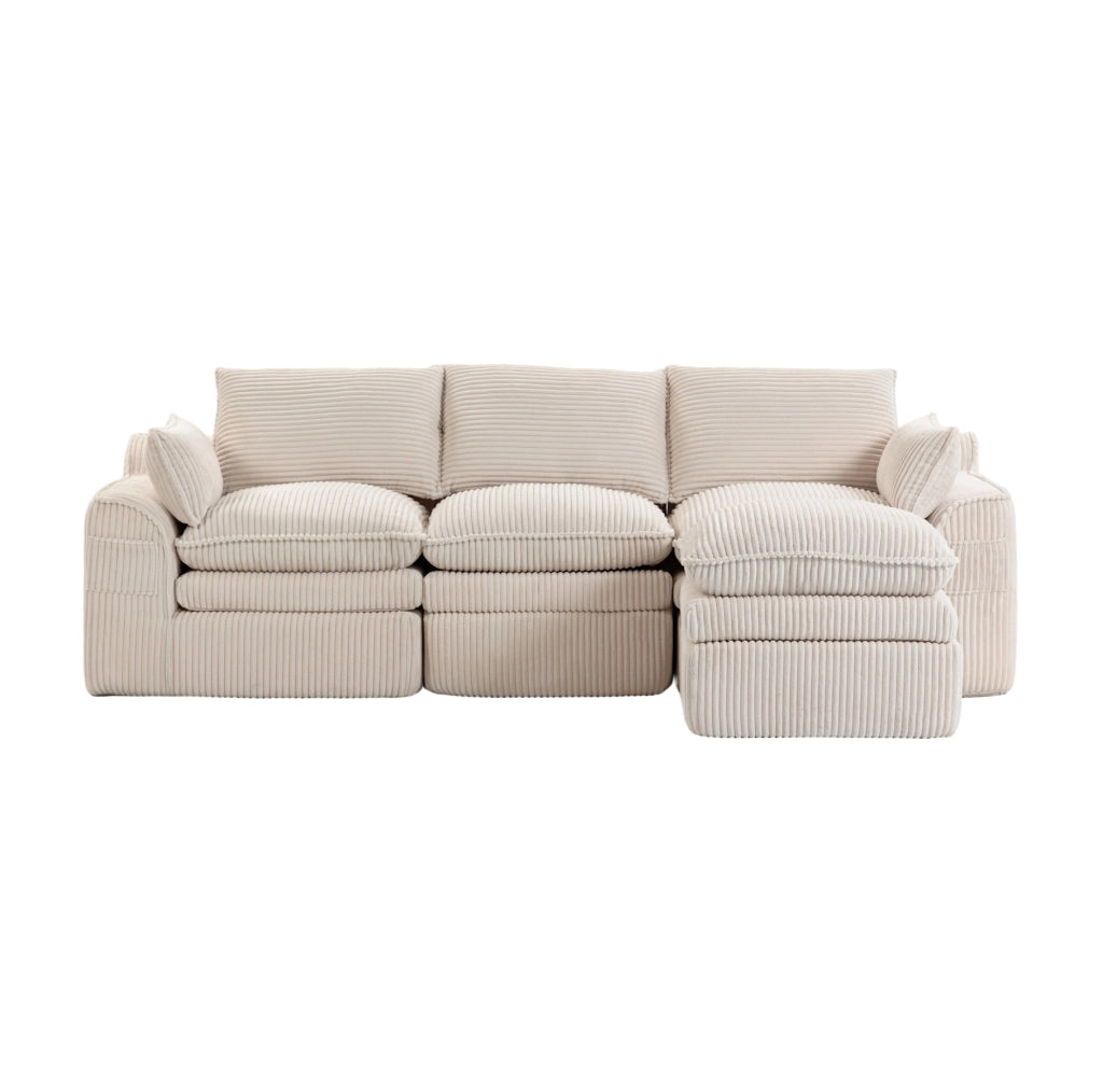 Divano modulare in velluto a coste beige con pouf