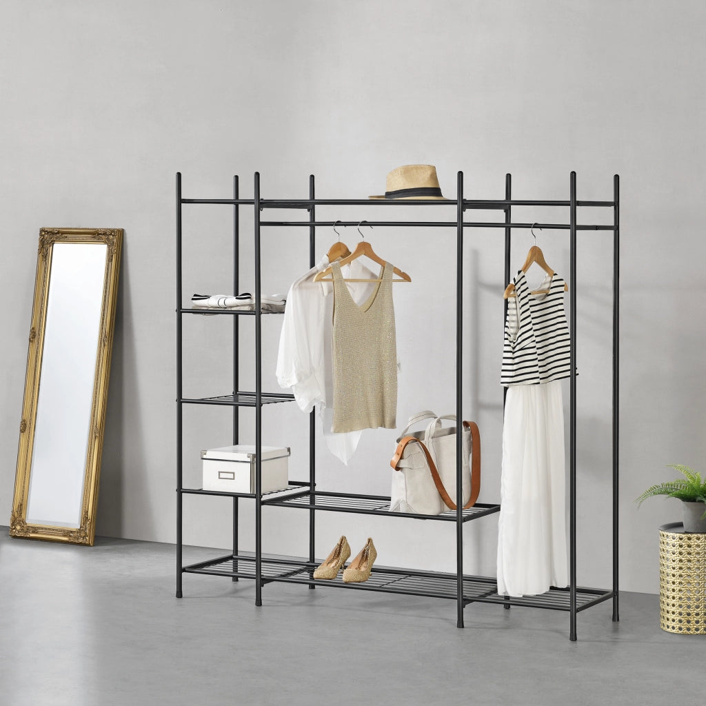 Organizzatore Guardaroba, Scaffalatura con Asta Appendiabiti e 6 Ripiani, Cabina Armadio Senza Ante (AxLaxP) 150 x 150 x 40 cm - Nero, Metallo