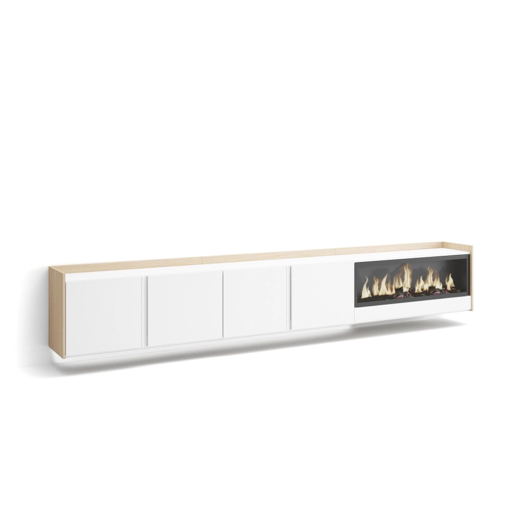Mobile TV Soggiorno, 315x50x35 cm, Per TV fino a 80", Camino elettrico XXL, Sospeso, da appendere, LED, Bianco e Rovere soft