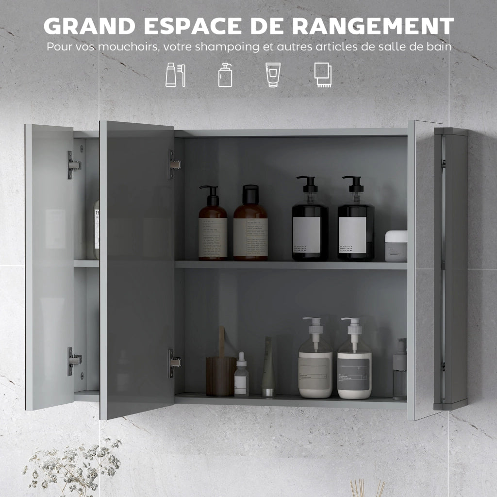 Armadio a muro per bagno con 3 ante specchio e ripiani regolabili ¨C Zephmum ¨C MDF grigio 90x60x15 cm