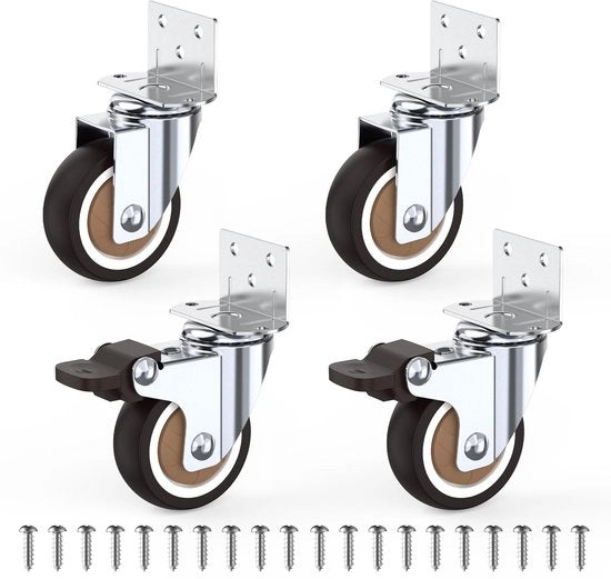 Viti per mobili a forma L, 50 mm, ruote silenziose in gomma con 2 freni, ruote a forma L per mobili, ruote a 360° per mobili, carico di 115 kg, ideali per vasi di fiori, tavoli da salotto, lettini per bambini, set da 4.