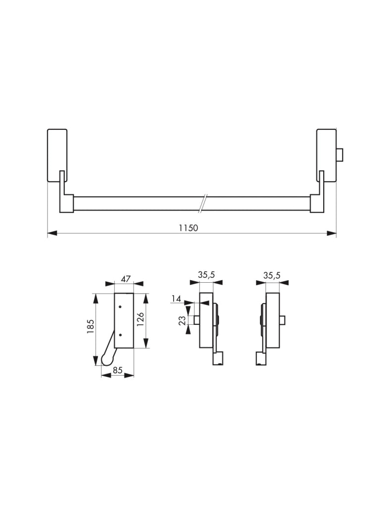 Serratura antipanico a 1 punto laterale, reversibile, nera, porta max 1150 mm – THIRARD