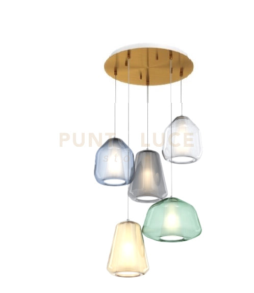 SOSPENSIONE OTTONE SAT. 5 LUCI TONDA VETRI (ALPHA VE) (BETA TR + BLU) (GAMMA FU + AM) 1176OS-S5 T ABG-MC