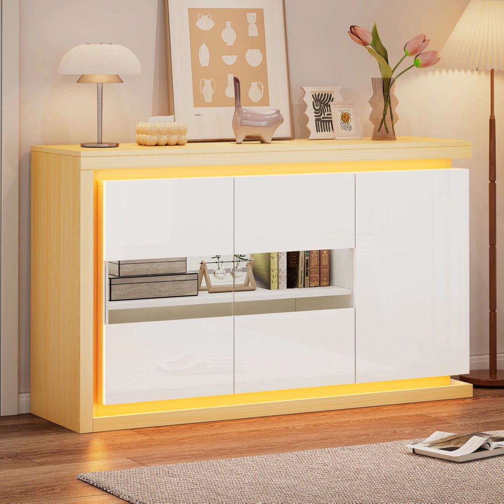 Credenza con 3 ante e ripiani regolabili; illuminazione LED per soggiorno ingresso e ufficio 140 x 40 x 84 cm bianco