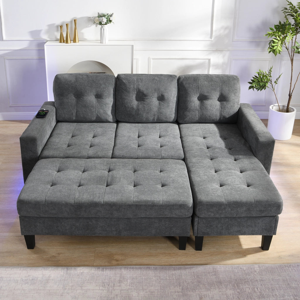 Divano angolare modulare L con poggiapiedi XXL, LED a 5 colori, USB, tessuto Chenille, Grigio Antico