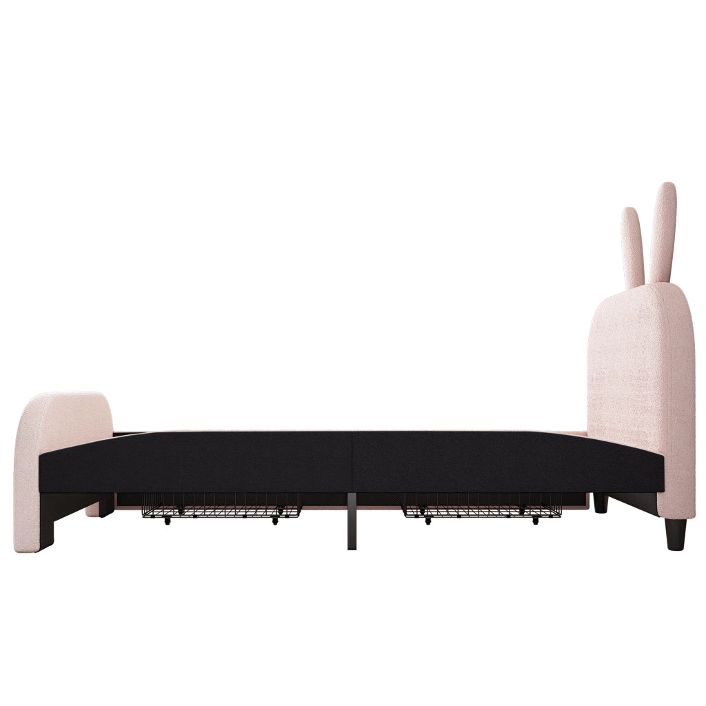 OKWISH Letto Bambini 90×200 cm, Letto Singolo con 2 Cassetti, Testiera a Coniglio e Contenitore, senza Materasso, Rosa