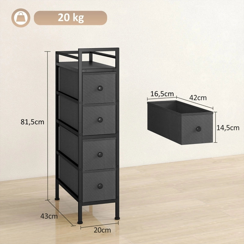Cassettiera stretta con 4 cassetti in tessuto, struttura in acciaio, colore nero