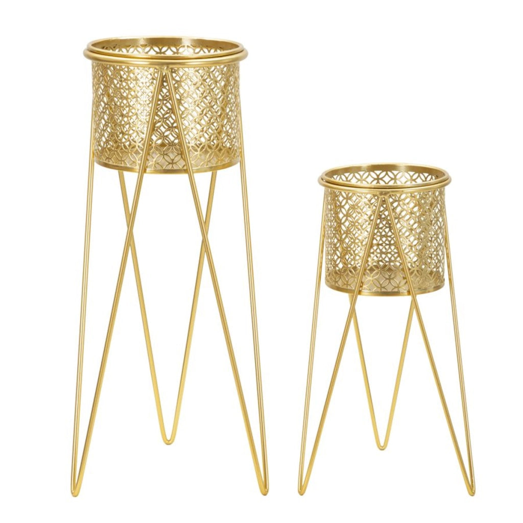 Set di 2 Vasi per Piante VKH405, Oro, Metallo, 21x20x46 cm