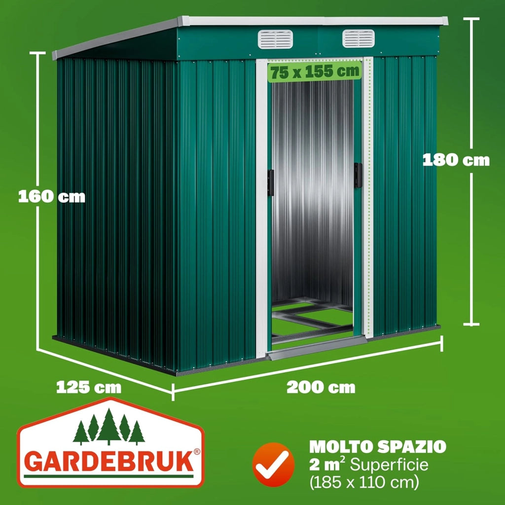 ® Casetta per Attrezzi da Giardino in Metallo 2m² con Base 200x125x180cm Porta Scorrevole Capanno con Tetto Spiovente Capannone da Esterno 4m³