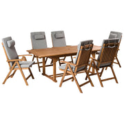 Set da pranzo da giardino a 6 posti in legno di acacia e sedie pieghevoli con cuscini grigio melange regolabili per esterni in stile country