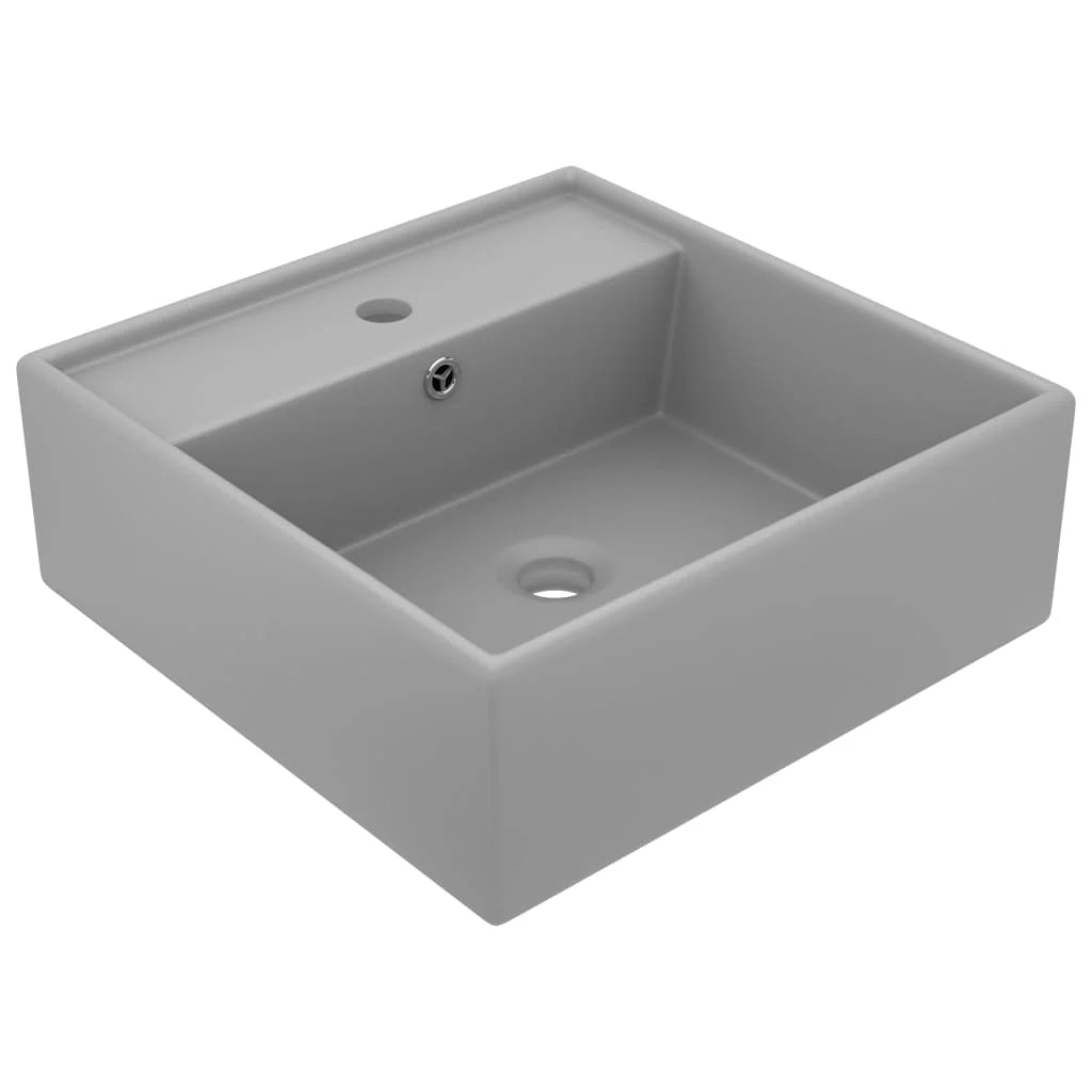 Lavabo quadrato di lusso con troppopieno lavabo da appoggio lavabo da bagno vano per cosmetici finitura opaca 41x41 cm ceramica grigio chiaro 02_0002691
