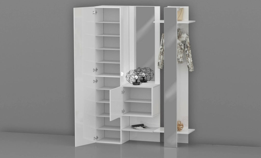 Mobile da ingresso Arabelle, Armadietto multifunzione a 2 ante, Appendiabiti da parete con 2 specchi, 140x35h190 cm, Bianco