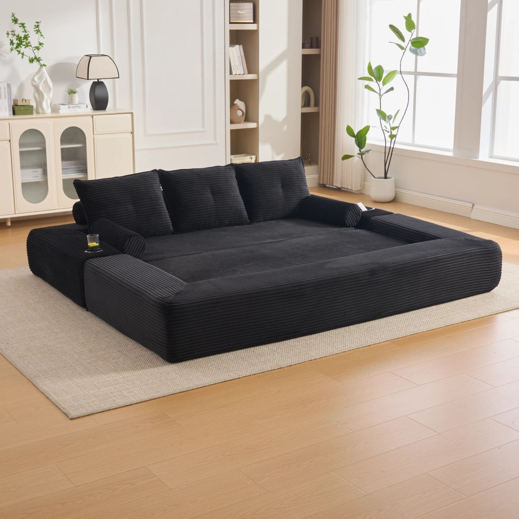 Divano letto modulare in velluto a coste con cuscini memory, tasche laterali e portabevande, nero 232 × 98 × 80 cm