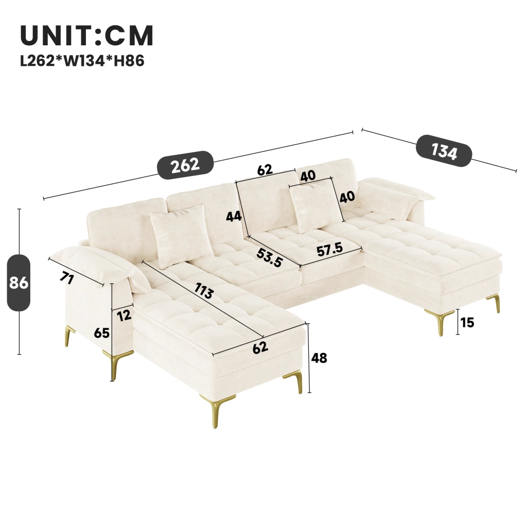 Divano panoramico a U modulare per 4-5 posti con due chaise longue e cuscini in ciniglia beige 262 × 134 × 86 cm