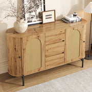 Credenza e madia ovale con ante scorrevoli, 3 cassetti e ripiani regolabili, in MDF e rattan, naturale, 140 × 38 × 77,5 cm