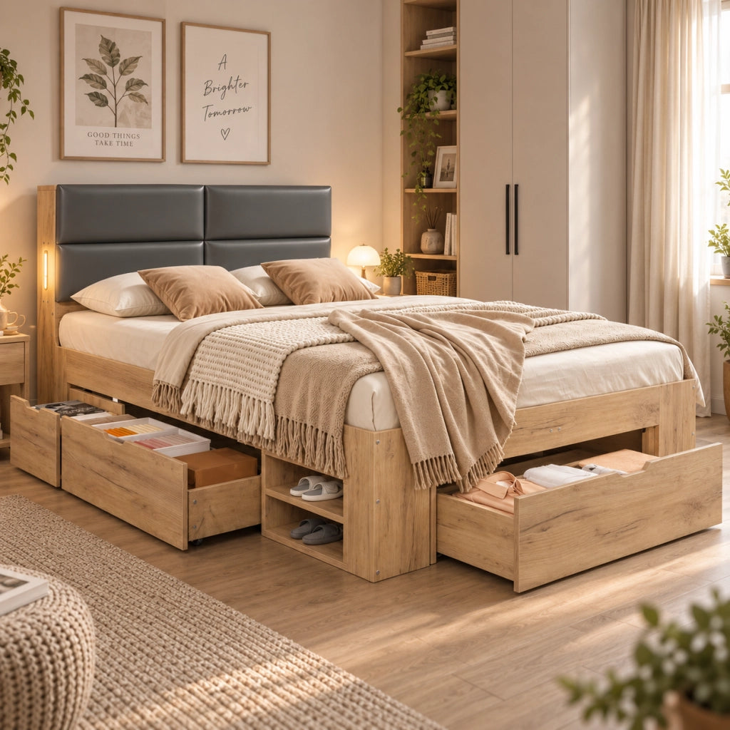 Letto contenitore 140x200 con luce USB USB-C e testiera imbottita in PU MDF naturale