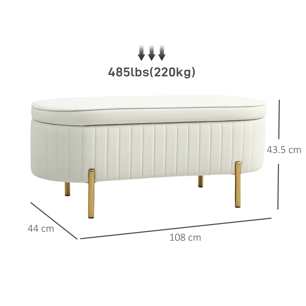 Panca Contenitore Ovale 108x44x43,5 cm con Coperchio Sollevabile in Tessuto Vellutato Crema