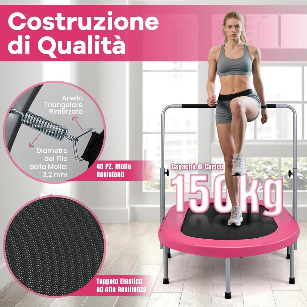 Trampolino Elastico da Interno ed Esterno, Tappetino Elastico Pieghevole per Adulti e Bambini con Maniglia Regolabile, Molle e Cuscinetto di Sicurezza, Trampolino Ovale per 2 Persone